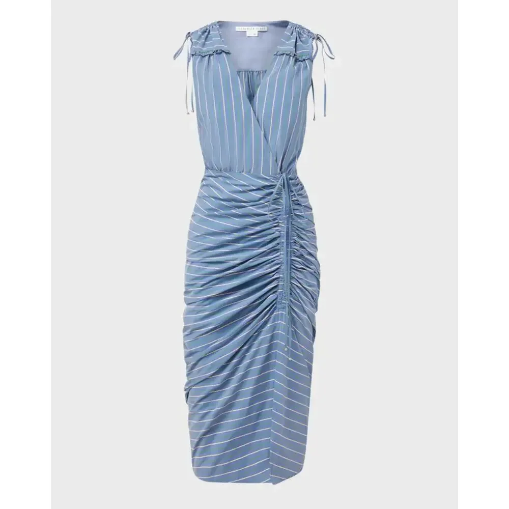 NWT Veronica Beard Teagan Stripe Ruched V-Neck Midi Dress in Blue/Kelly Green - Picture 3 of 15
